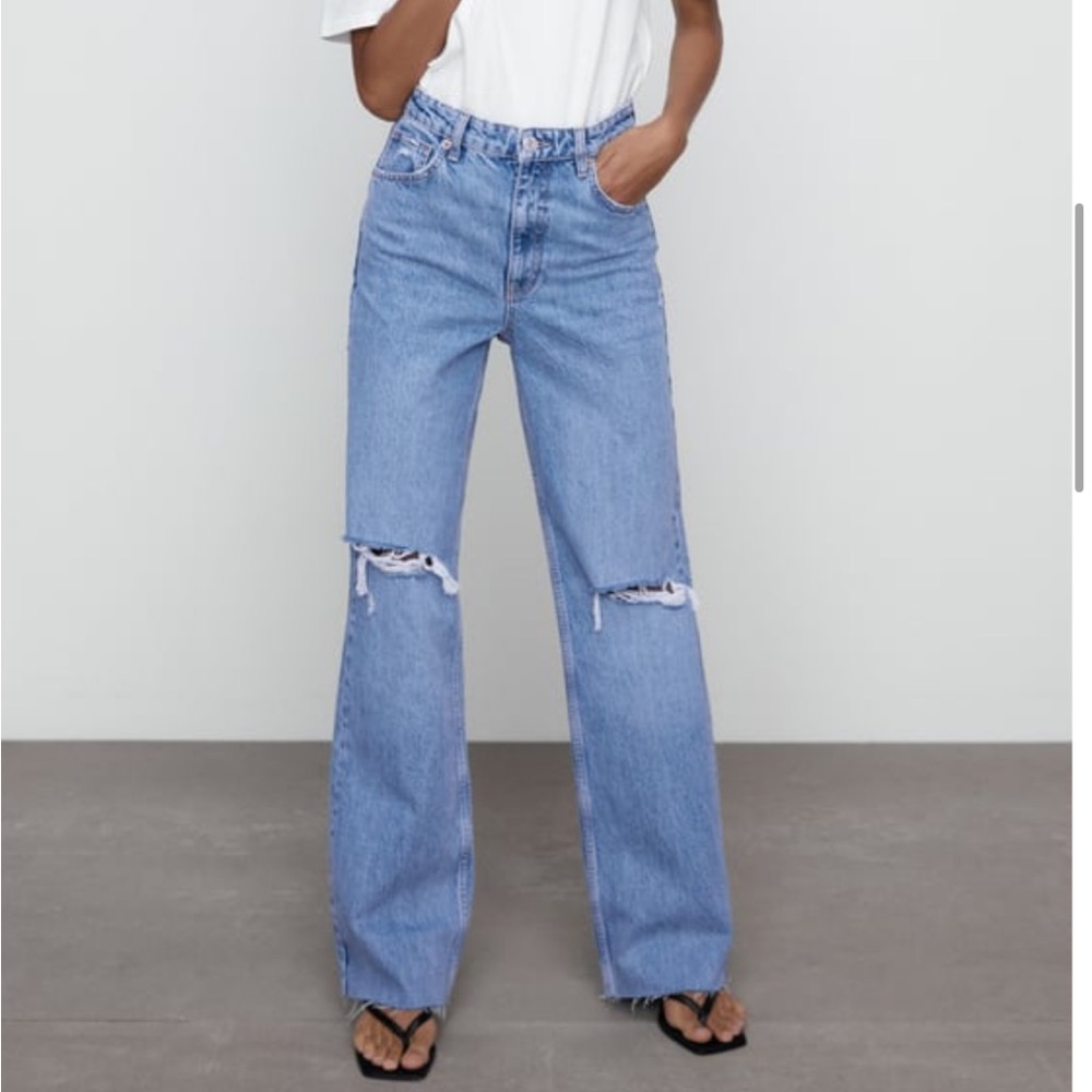zara high rise wide leg ripped denim jeans